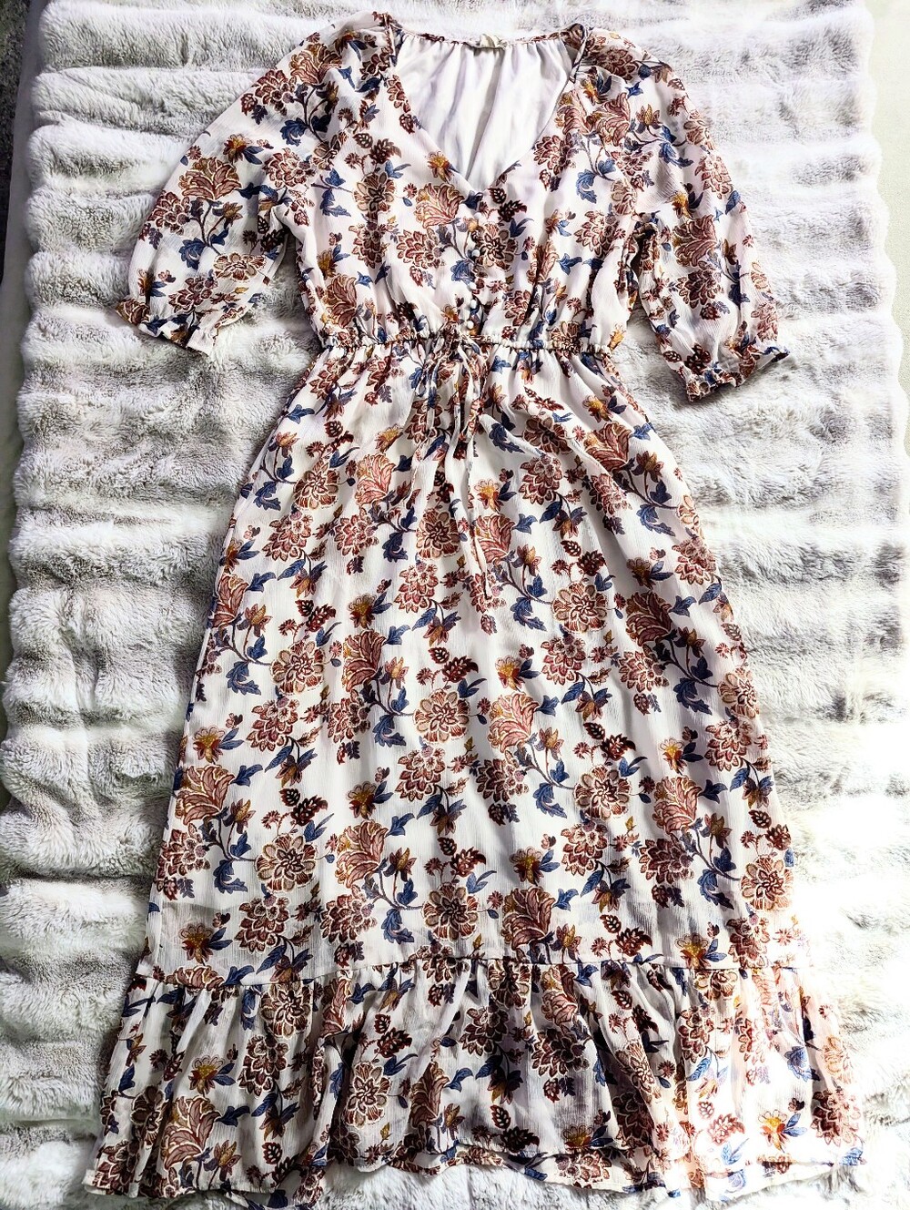 "Just Found" Boho Floral Ruffle Maxi Dress 1X Cream Peach Blue Faux Button